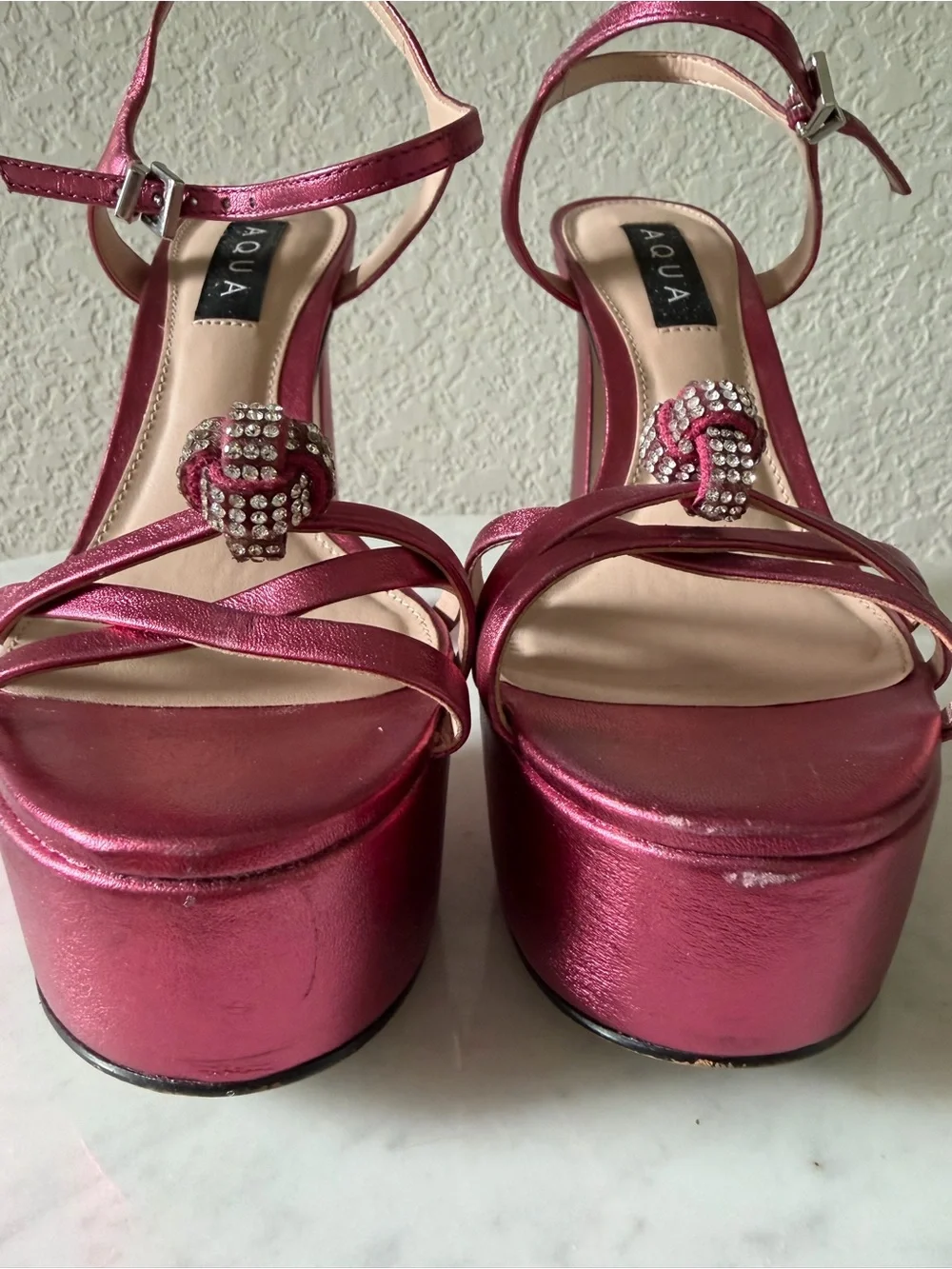 AQUA Metallic Pink Rhinestone Knot Platform Heels Size 7B Y2K-style